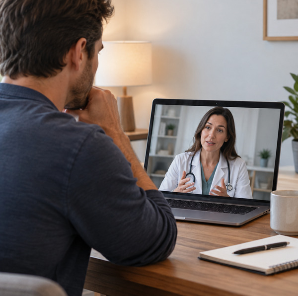 Woman at home on a laptop during a virtual functional medicine appointment